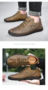 Detailed view of men's brown handmade leather loafers with lace-up and stitch details.