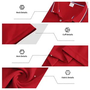 Detail views of a red polo shirt showing the breathable polyester fabric and stitching