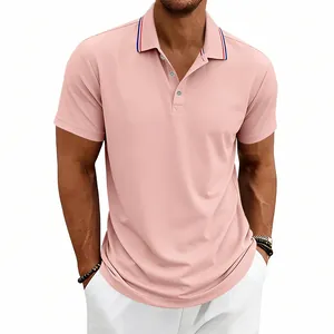 Close-up of pink men's quick-dry polo shirt featuring a classic striped collar