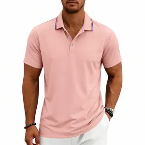 Close-up of a men's pink quick-dry golf polo shirt featuring a stylish striped collar design