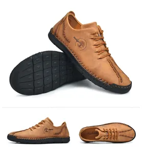 Multi-angle views of men's brown handmade lace-up casual leather loafers with rubber sole