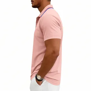Side view detail of a light pink men's casual quick-dry golf polo shirt with short sleeves