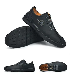 Multi-angle views of men's black leather loafers with handmade stitching and lace-up detail.