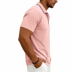 Side profile of men's pink quick-dry golf polo shirt with striped collar detail