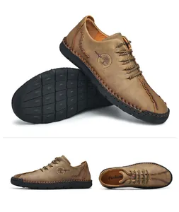 Multi-angle views of men's hand-stitched lace-up casual leather shoes with non-slip soles
