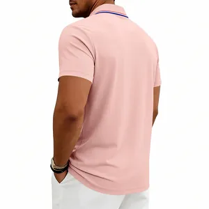 Back view of a pink men's quick-dry golf polo shirt with striped collar details