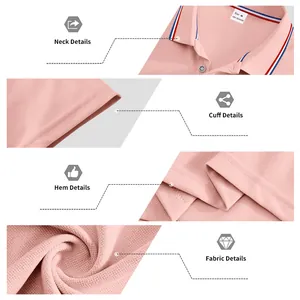 Detail views showing neck, cuff, hem, and fabric of pink quick-dry golf polo shirt.