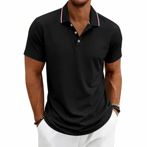 Detail of a black men's quick-dry golf Polo shirt with tri-color collar stripes