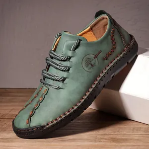 Men Casual Microfiber Leather Loafers Handmade Stitched Rubber Sole Lace Up Business Oxford Shoes Soft Breathable Flat