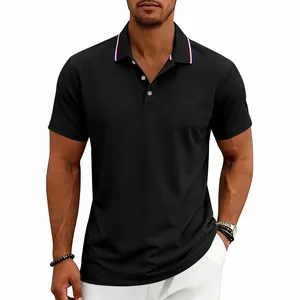 Black quick-dry men's polo shirt with stylish red white blue striped collar detail