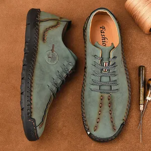 Premium men's handmade green lace-up casual leather shoes with elegant decorative stitching