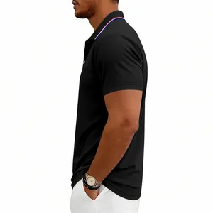 Side view of a men's black quick-dry golf polo shirt with striped collar detail