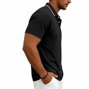 Detailed side view of men's black quick-dry polo shirt featuring a striped collar design