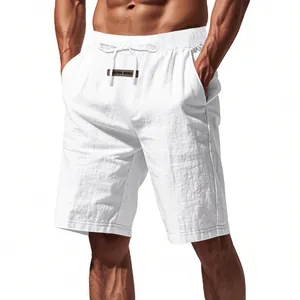 Breathable white linen shorts for men with adjustable drawstring waist and texture