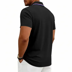 Back view of men's black quick dry golf polo shirt with striped collar detail