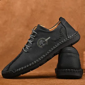 Men's handmade black leather casual shoes with lace-up design and contrast stitch detail