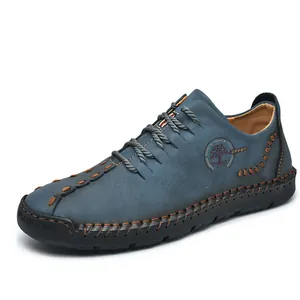 Men's blue handmade leather casual shoes with lace-up closure shown in 45-degree view.