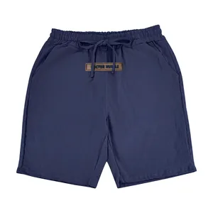 Detailed view of navy blue loose linen casual shorts with drawstring waist
