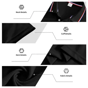Detailed views of men's quick-dry black Polo shirt showing fabric texture and neck design