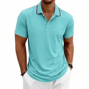 Men's summer turquoise short sleeve golf polo shirt with striped collar detail on model