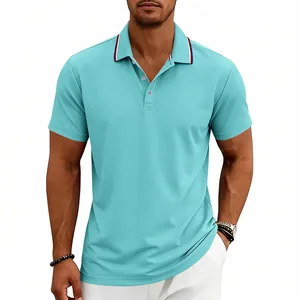 Close-up detail of a men's cyan quick-dry golf polo shirt featuring a striped collar.