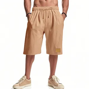 Pantaloncini estivi in lino kaki da uomo traspiranti con coulisse in vita