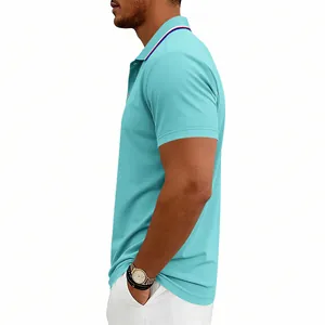 Side view of a men's turquoise quick-dry golf polo shirt featuring a striped collar