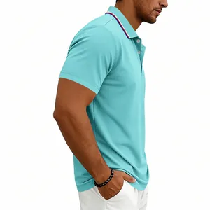 Detailed side view of a light blue quick-dry men's polo shirt featuring a striped collar