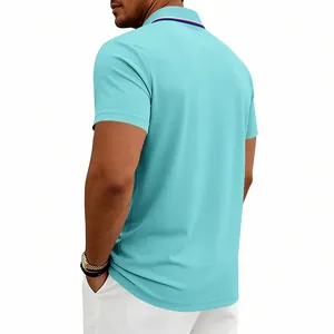 Back view of men's quick-dry golf Polo shirt in cyan with striped collar detail