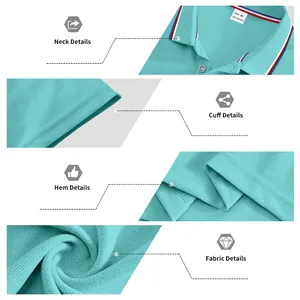Detailed views of teal quick-dry polo shirt showing neck, cuff, hem, and fabric texture.
