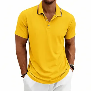 Men's bright yellow quick-dry short-sleeve polo shirt with striped collar detail