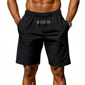 Close-up of black breathable linen shorts for men with adjustable drawstring waist