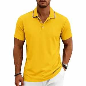 Detailed view of men's yellow quick-dry polo shirt featuring striped collar accents.