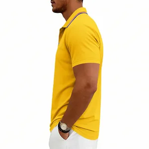 Side view of men's yellow quick-dry golf Polo shirt with striped collar detail