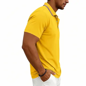 Side view of a bright yellow men's quick-dry polo shirt with striped collar detail
