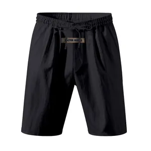Detailed view of black lightweight breathable linen shorts for men with elastic waist