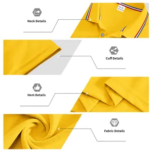 Close-up details of yellow polo shirt neck, cuff, hem, and breathable fabric texture