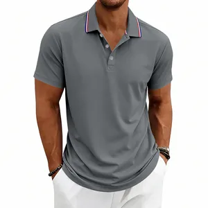 Close-up detail of a grey men's polo shirt featuring a tricolor striped collar design