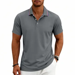 Close-up of a men's grey quick-dry polo shirt with red and blue striped collar trim