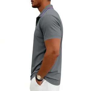 A detailed side view of a men's grey quick-dry polo shirt with a striped collar