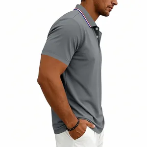 Detailed side view of grey men's quick-dry casual golf polo shirt with striped collar