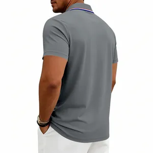 Back view of a gray men's quick-dry golf polo shirt featuring a striped collar design