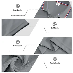 Detail views of neck, cuff, hem and fabric texture on gray men's quick-dry golf Polo shirt