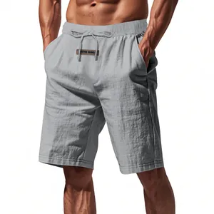 Men's breathable grey linen casual shorts with elastic drawstring waist detail