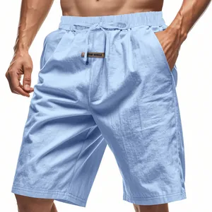 Detailed close-up view of light blue breathable linen-blend casual men's shorts with drawstring