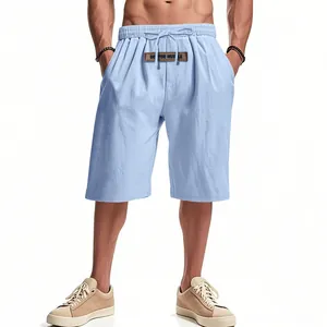 Front view of men's breathable light blue summer casual shorts with elastic waistband