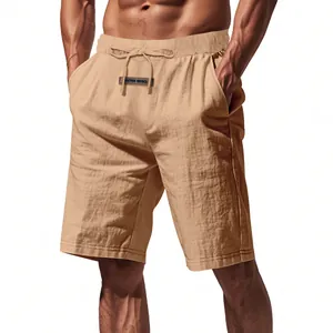 Macro view of breathable khaki linen casual shorts with drawstring waist for men