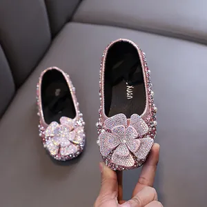 Elegant pink glitter princess flats for girls with 3D floral accent and pearls