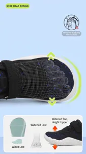 Anatomical wide toe box design on kids' barefoot shoe for natural foot development.