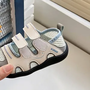 Detailed view of breathable mesh toddler wading sandals with adjustable double velcro straps